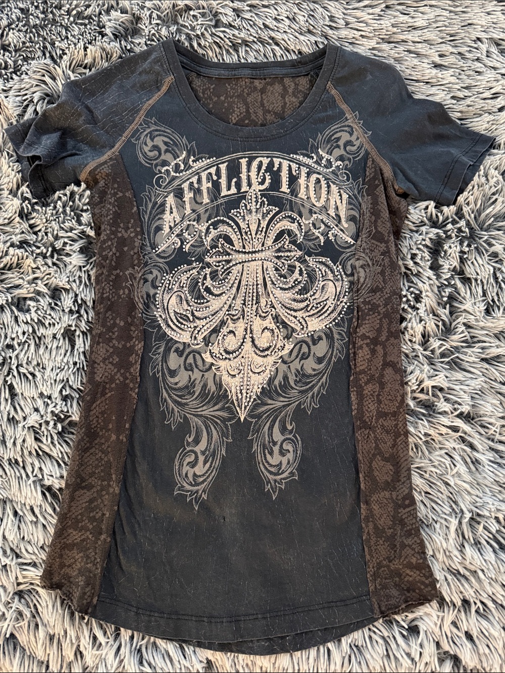 Affliction Black and Brown Women's Short-Sleeve Graphic Tee
